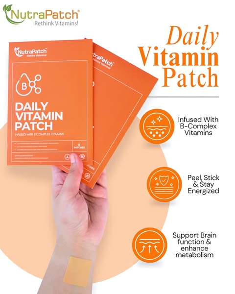 A 4:5 ratio product advertisement for Daily Vitamin Patches, displaying the product packaging alongside benefit iconography and a live application shot.